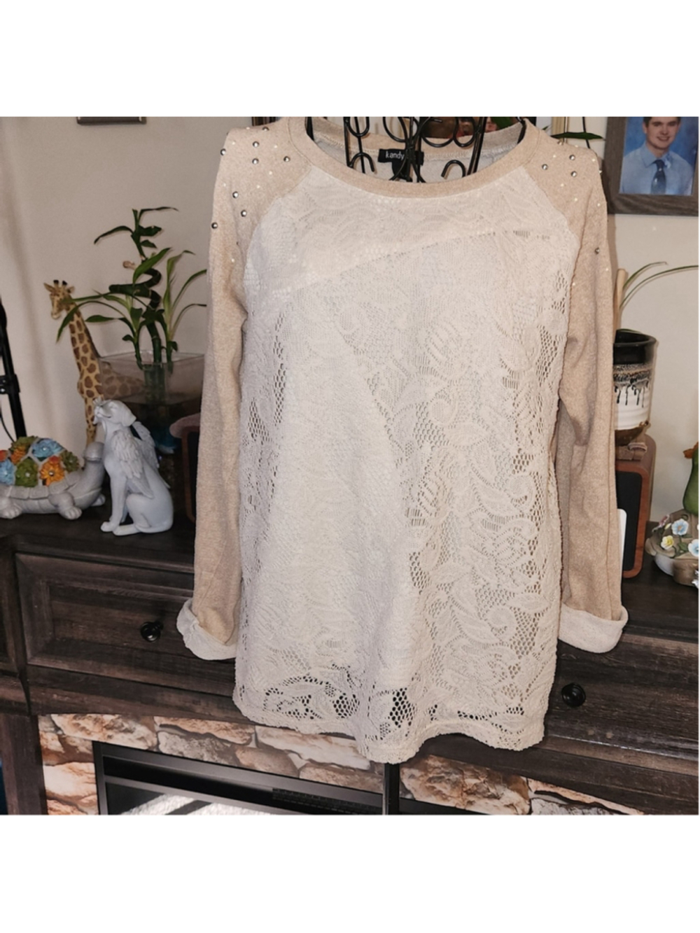 Kandy Kiss Elegant Lace Blouse in Cream and Beige Size Large